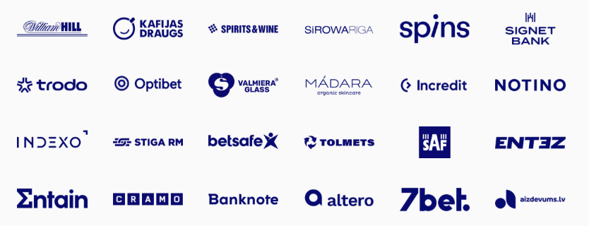 Full grid of client logos: William Hill, Entain, Optibet, Betsafe, Notino, EcoFlow, SAF and more